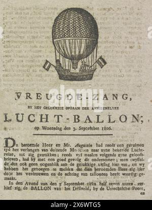 Augustin's balloon flight, 1806, Singing of joy at the happy ascent of the large air balloon; on Wednesday, September 3, 1806 (title on object), Take-off of Augustin's hot air balloon from the drill field in Amsterdam on September 3, 1806. Folded page printed on all sides, an image of the hot air balloon on the front. Inside a song in twelve verses, on the back a song in four verses., print, print maker: anonymous, publisher: Jacobus Wendel, (mentioned on object), print maker: Netherlands, publisher: Amsterdam, 1806, paper, letterpress printing, height, 205 mm × width, 162 mm Stock Photo
