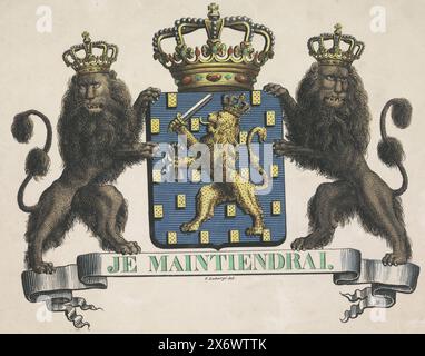 Coat of arms of the Kingdom of the Netherlands, 1815, The coat of arms of the Kingdom of the Netherlands, as determined on August 24, 1815. The coat of arms with king's crown and two lions with king's crowns. With the saying 'Je Maintiendrai'., print, print maker: V. Labargé, Low Countries, 1815, paper, height, 343 mm × width, 435 mm Stock Photo