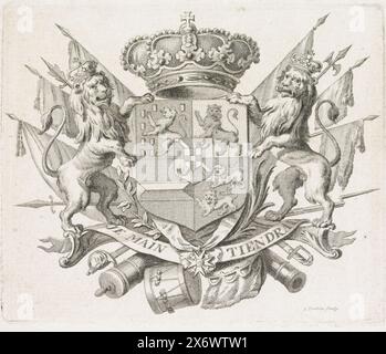 Coat of arms of the Kingdom of the Netherlands, 1815, The coat of arms of the Kingdom of the Netherlands, as determined on August 24, 1815. With the caption 'Je Maintaindrai'., print, print maker: Reinier Vinkeles (I), (mentioned on object), Netherlands, 1815, paper, etching, height, 95 mm × width, 116 mm Stock Photo