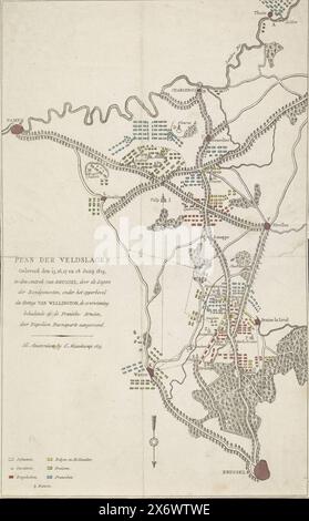 Plan of the battles at Quatre-Bras and Waterloo, June 15-18, 1815, Plan of the Battles Delivered on June 15, 16, 17 and 18, 1815 (...) by the Armies of the Allies, under the supreme command of the Duke of Wellington, achieving victory over the French Armenians, led by Napoléon Buonaparte (title on object), Map of the region between Brussels and Charleroi where battles were fought between the armies between 15 and 18 June 1815 at Ligny, Wavre, Quatre-Bras and Waterloo of the Allies and the French army under Napoleon. The battle orders of the armies are shown on the map. The different places Stock Photo
