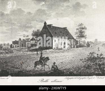 House La Belle Alliance, Belle alliance (title on object), The inn La Belle Alliance located in the village of Plancenoit, near the battlefield of the Battle of Waterloo of June 18, 1815. With two soldiers in the foreground, one on horseback, the other sitting on the ground., print, print maker: Paulus Lauters, (mentioned on object), printer: Calcographie Royale de J. Goubaud, (mentioned on object), Belgium, 1820 - 1850, paper, height, 238 mm × width, 304 mm Stock Photo