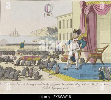 Celebrating Napoleon's birthday on Saint Helena, 1815, Wie der - dies Jahr in Europa nicht mehr gefeyerte - Napoleons-Tag auf der Insel St: Helena festlich beleidingen wird (title on object), Cartoon in which the exiled Napoleon celebrates his birthday on Saint Helena, along with the rats. Napoleon standing before a nation of rats who honor him as a monarch. Napoleon hands out medals to some rats. A hot air balloon in the sky, a blockade ship in the distance. Following Napoleon's exile to Saint Helena in October 1815., print, print maker: Johann Michael Voltz, publisher: Friedrich Campe, print Stock Photo