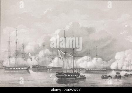 Victory on Palembang, 1821, Shelling of the coastal batteries located on the river in Palembang on Sumatra by Dutch warships during the Second expedition to Palembang on June 24, 1821. Numbered top right: LXXXVIII., print, print maker: anonymous, (mentioned on object), printer: Emrik & Binger, (mentioned on object), print maker: Netherlands, printer: Haarlem, 1853 - 1861, paper, height, 162 mm × width, 243 mm Stock Photo