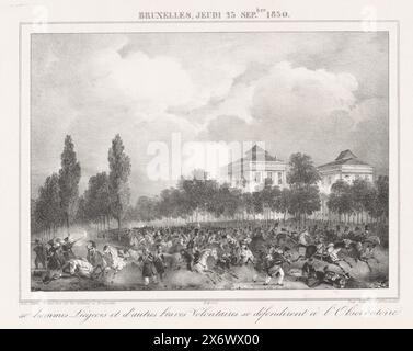 Fighting at the observatory in Brussels, 1830, Bruxelles, Jeudi 23 Sep.bre 1830., 50 hommes Liégeois et d'autres braves Volontaires se défendirent à l'Observatoire (title on object), Prints added to the series Evénemens de Bruxelles, Anvers (...) (1831) (series title), 50 men from Liège defend themselves together with other courageous volunteers against the Dutch troops at the observatory in the Warande Park in Brussels on September 23, 1830. Part of a group of prints from various other series related to the plates in the recueil about the events during the Belgian Revolution in Brussels Stock Photo
