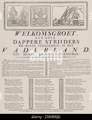 Welcome greeting to the returning Dutch prisoners of war, 1833, Welcome greeting to our Brave Warriors on their return, to the Fatherland, from their captivity (title on object), Welcome greeting to the Dutch soldiers who fought during the siege and during the capture of the Citadel of Antwerp were taken prisoner of war, released in June 1833 and returned to the Netherlands. At the top three old irrelevant woodcuts (ships at sea and a portrait of stadtholder William IV). The text contains a description of the siege, captivity and the return of the Dutch. Below that is a poem in twelve verses Stock Photo