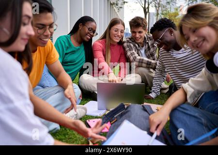 Group of young international students sitting on the grass outside the university building Stock Photo