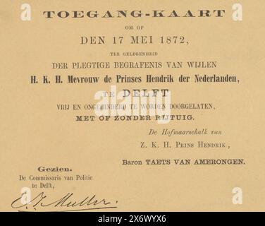 Entrance ticket for the funeral of Princess Amalia of Saxe-Weimar-Eisenach, 1872, Entrance ticket for the funeral of Princess Amalia of Saxe-Weimar-Eisenach, wife of Prince Hendrik, on May 17, 1872, in Delft. Card with black mourning borders., printer: anonymous, Netherlands, 1872, paper, letterpress printing, height, 114 mm × width, 148 mm Stock Photo