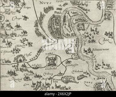 Plan of Neuss and the surrounding area, 1586, Plan of Neuss on the Rhine with the villages in the surrounding area, 1586. With 4-line caption in Latin. Numbered 183. Printed on the back with text in Latin., print, print maker: anonymous, Northern Netherlands, 1613 - 1615, paper, etching, height, 136 mm × width, 161 mm Stock Photo