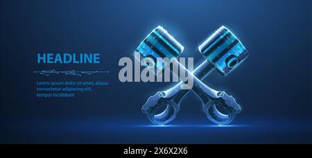 Two piston in cross form on blue. Engine piston, Cylinder additive, Spare rod, Motorcycle motor. Stock Vector
