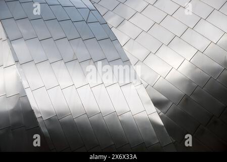 A building with a silver roof has a pattern of squares. The roof is curved and the squares are arranged in a way that creates a sense of movement. The Stock Photo