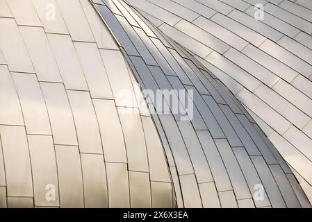 A building with a silver roof has a pattern of squares. The roof is curved and the squares are arranged in a way that creates a sense of movement. The Stock Photo
