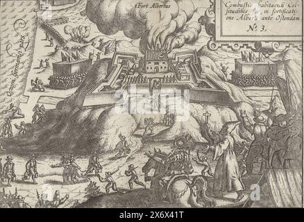 Siege of Ostend: fire in Fort Albertus on November 13, 1601, Combustio habitaculi cell. situdinis sue, in fortificatione Alberti ante Ostendam (title on object), Siege of Ostend: the burning of the Archduke Albrecht's lodgings located in Fort Albertus, November 13, 1601. In the foreground, dismay among the soldiers and a cleric with a crucifix . Top right a cartouche with inscription in Latin. Numbered top right: 3., print, print maker: anonymous, print maker: Baptista van Doetechum, (possibly), 1601 - 1604 and/or 1615, paper, etching, engraving, height, 169 mm × width, 243 mm Stock Photo