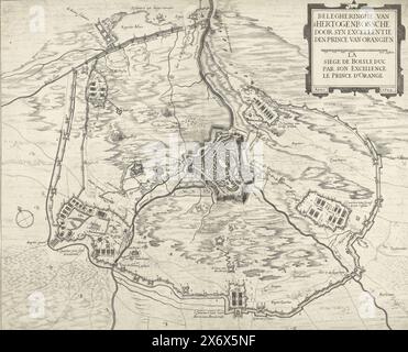 Map of the siege of Den Bosch by Frederik Hendrik, 1629, Belegheringhe van 'sHertogenbossche by syn excellency den prince van Orangien, La siege de Boisleduc par son excellence le prince d'Orange Anno 1629 (title on object), Map of Den Bosch and environment during the encirclement and siege by the Dutch army under Frederik Hendrik, from May 1 to September 17, 1629. With the five army camps of the besieging armies. Top right a cartouche with the titles., print, print maker: anonymous, Northern Netherlands, 1629, paper, engraving, height, 346 mm × width, 420 mm Stock Photo