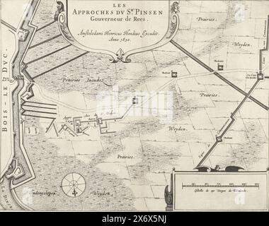 Trenches of the Dutch army under Willem Pinsen van der Aa during the siege of Den Bosch, 1629, Les Approches du Sr. Pinsen Governor de Rees (title on object), Seven partial maps concerning the siege of Den Bosch in 1629 (series title), Trenches of the State army under Willem Pinsen (Pijnsen) van der Aa, governor of Rees. Part of the siege of Den Bosch by the Dutch army under Frederik Hendrik, from May 1 to September 17, 1629. Inscriptions in the performance in French and Dutch. Probably belongs to the big map of the siege., print, print maker: anonymous, Jacques Prempart, publisher: Henricus Stock Photo