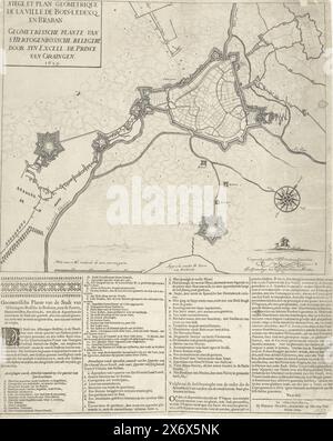 Map of the siege of Den Bosch by Frederik Hendrik, 1629, Siege et plan geometrique de la ville de Bois-leducq en Braban (title on object), Geometrissche plante van s'Hertogenbossche, besieged by syn Excell. the Prince of Oraingen. 1629 (title on object), Map of Den Bosch and surroundings during the siege by the Dutch army under Frederik Hendrik, from May 1 to September 17, 1629. On the right the forts Isabella and Sint-Anthonie, at the bottom Fort Pettelaer. Pasted under the scene is a text sheet with 4 columns of text with a description of the siege and a report of the departure of the Stock Photo