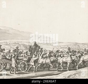 Exodus of the Spanish army from Maastricht, 1632 (plate 4), Discessus Hispanici Praesidii Trajecti ad Mosam Ao. 1632. Die 23 Augusti (title on object), Exodus of the Spanish army from Maastricht, August 23, 1632. Frieze of six numbered plates, plate no. 4. The artillery of the departing army., print, print maker: Jan van de Velde (II), after design by: Jan Martszen de Jonge, Northern Netherlands, 1633, paper, etching, height, 215 mm × width, 240 mm Stock Photo