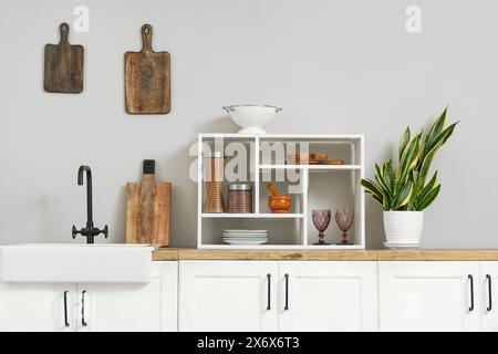 White kitchen counters with sink, utensils and houseplant near white wall Stock Photo