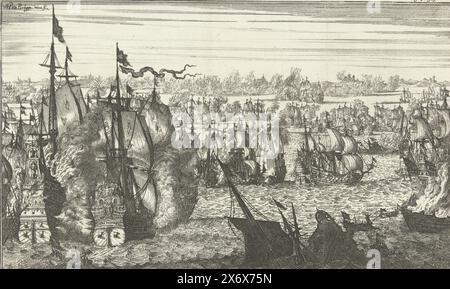 Battle of Duins, 1639, The sea battle of Duins between the Spanish fleet commanded by Antonio de Oquendo and the Dutch fleet under Maarten Harpertsz. Tromp, October 21, 1639. On the left the Brederode and the destruction of a Spanish ship with Mary and child standing on the crescent moon (the Santa Teresa?) on the transom, on the right burning and sinking ships., print, print maker: Herman Padtbrugge, (mentioned on object), after own design by: Herman Padtbrugge, (mentioned on object), Northern Netherlands, 1674 - 1676, paper, etching, height, 171 mm × width, 279 mm Stock Photo