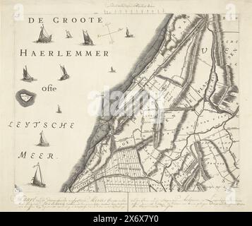 Map with the old banks of the Haarlemmermeer, ca. 1770, Map of the washed and eroded Meers Banks in the West End of Aelsmeer (...) (title on object), Sheet from the large map of the Rijnland Water Board, ca . 1770. Reissue of the original sheet from 1687 showing the banks measured in the years 1687, 1745, 1764 and 1766. With caption, scale and cardinal directions written by hand., print, print maker: anonymous, Northern Netherlands, 1685 - 1687 and/or 1766 - 1770, paper, etching, engraving, height, 550 mm × width, 635 mm Stock Photo