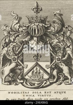 Coat of arms of Maarten Tromp, 1653, The coat of arms of Admiral Maarten Tromp, who died in the sea battle at Terheide on August 10, 1653. With the motto in Latin and Dutch under the coat of arms., print, print maker: anonymous, Northern Netherlands, 1653 - 1699, paper, engraving, height, 169 mm × width, 124 mm Stock Photo