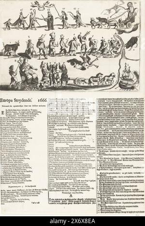 Cartoon about the battle in Europe in the year 1666, Europa Strydende. 1666 (title on object), Cartoon of the battle in Europe in the year 1666. Three rows with allegorical and historical figures. On the left the Virgin of Europe sits on a throne, in front of her are admirals who take an oath. On the right the battle between the Dutch Lion and an English bull. Top left the peace concluded with the Bishop of Munster in April 1666, top right the triumphal chariot of Peace. With more allegorical figures. Printed on the sheet below the plate text in 3 columns with verses and the legend 1-7 Stock Photo