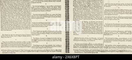 Text sheet for the print of the use of hose fire engines in London, ca. 1690-1700, The Delineation of the New Sucking worm-Engine (title on object), Machinae novae, Exuctoriae delineatio, et usus (title on object), Text sheet for the print depicting the use of a new type of hose fire hydrant invented by the Englishman John Lofting, against the background of buildings in London, ca. 1690-1700. Sheet with text in 9 points in 2 columns in English and 2 columns in Latin. Please note that interested parties can contact patent holder John Lofting or his agent William Griffith. Belongs to the Stock Photo