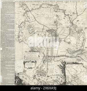 Large map of the siege of Den Bosch by Frederik Hendrik, 1629, Buscoducum, obsessum a Frederico Henrico, principle auransiae, comite de Nassau, etc. calendis May as MDCXXIX (title on object), 's Hertogenbosch Besieged by Sijn Excellency Frederick Hendrick Prince van Orangien (...), La ville de Bol-Duc assiegeé par son (...) (title on object), Large map of the siege of Den Bosch by the State army under Frederik Hendrik, from May 1 to September 17 1629. Map with the fortified city in the center. Bottom right an inset with a map of the larger picture. On the left a pasted text describing the Stock Photo