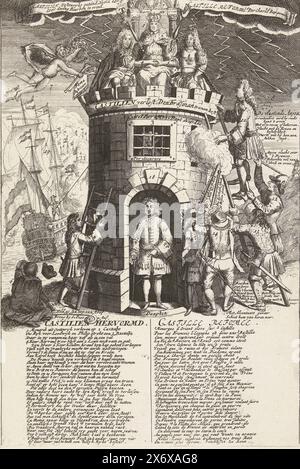 The parties fighting for Castile, 1706, Castilien Reformed, Castille Reformée (title on object), Royal Almanach of 1701, 't Lusthof van Momus (series title), Cartoon of the parties fighting for Castile, 1706. Charles III sitting on top of a castle, the Elector of Bavaria and Louis XIV. Others try to climb the tower. In the caption verses in Dutch and French. Part of a series of 19 cartoons on the French and allies from the year 1706., print, print maker: anonymous, publisher: Carel Allard, (attributed to), print maker: Northern Netherlands, publisher: Amsterdam, 1706, paper, etching, height Stock Photo