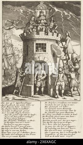 The parties fighting for Castile, 1706, Royal Almanach of 1701, 't Lusthof van Momus (series title), Cartoon on the parties fighting for Castile, 1706. The Elector of Bavaria and Louis XIV sit on top of a castle. Others try to climb the tower. In the caption a verse in Dutch in two columns. Part of a series of 19 cartoons on the French and allies from the year 1706., print, print maker: anonymous, publisher: Carel Allard, (attributed to), print maker: Northern Netherlands, publisher: Amsterdam, 1706, paper, etching, engraving, height, 295 mm × width, 176 mm Stock Photo