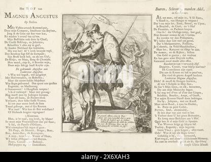 Cartoon on the Elector of Bavaria, 1706, The Court of Magnus Angustus On Stilts (title on object), Royal Almanach of 1701, 't Pleasure Court of Momus (series title), Cartoon on Maximilian II Emanuel, Elector of Bavaria as an inept horseman with a wooden leg climbing on a horse. On either side of the plate a verse in Dutch. Part of a series of 19 cartoons on the French and allies from the year 1706., print, print maker: anonymous, publisher: Carel Allard, (attributed to), print maker: Northern Netherlands, publisher: Amsterdam, 1706, paper, etching, letterpress printing, height, 290 mm × width Stock Photo