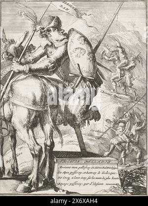 Cartoon on the Elector of Bavaria, 1706, Tricotin Palladin (title on object), Royal Almanach of 1701, 't Lusthof van Momus (series title), Cartoon on Maximilian II Emanuel, Elector of Bavaria as an inept horseman with a wooden leg who climbs on a horse. On the step stool a verse in French of four lines. Part of a series of 19 cartoons on the French and allies from the year 1706., print, print maker: anonymous, publisher: Carel Allard, (attributed to), print maker: Northern Netherlands, publisher: Amsterdam, 1706, paper, etching, height, 201 mm × width, 154 mm Stock Photo