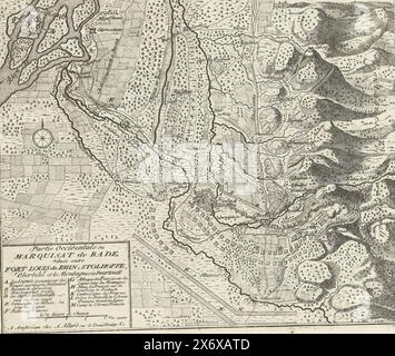 Map of the west of the Marquisate of Baden, ca. 1701-1713, Partie Occidentale du Marquisat de Bade, Située entre Fort Louis du Rhin, Stolhoffe, Oberbihl et les Montagnes de Swartewalt (title on object), Les Principales Forteresses & Villes Fortes, d 'Espagne, de France, d'Italie, de Savoie, d'Allemagne & des Païs-Bas (...), Accurate Images of the Most Important Strong Cities and Fortresses in Spain, France, Italy, Savoy, Germany and the Netherlands (.. .) (series title on object), Map of the west of the Marquisate of Baden showing the lines of the French and the Allies and various battles Stock Photo