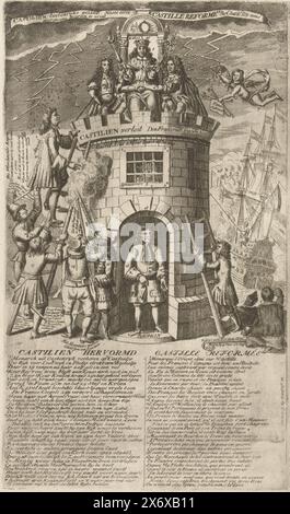 The parties fighting for Castile, 1706, Castilien Reformed, Castille reformée (title on object), Royal Almanach of 1706, 't Lusthof van Momus (series title), Cartoon of the parties fighting for Castile, 1706. Charles III sitting on top of a castle, the Elector of Bavaria and Louis XIV. Others try to climb the tower. The album contains verses in Dutch and French. Cartoon on the situation in the year 1706 in the War of the Spanish Succession. Part of a series of 25 cartoons on the French and allies from the year 1706., print, print maker: anonymous, publisher: Carel Allard, (attributed to Stock Photo