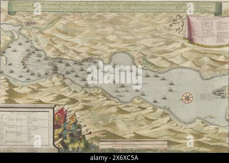 Naval battle in the bay near Vigo and the capture of the Spanish silver fleet, 1702, Caarte vande Landingh in the Bay of Vigos as well as the capture of two Casteels and the capture of the Spanish silver fleet anchored in the Bay off Redondella on October 23 and 24, 1702 (title on object), Map of the naval battle in the Bay of Vigo in which the French and Spanish fleets were defeated by the combined English-Dutch fleet on October 23, 1702. Top right a drapery with a list of the captured and burned French ships; bottom left the order of battle of the English and Dutch ships., print, print Stock Photo