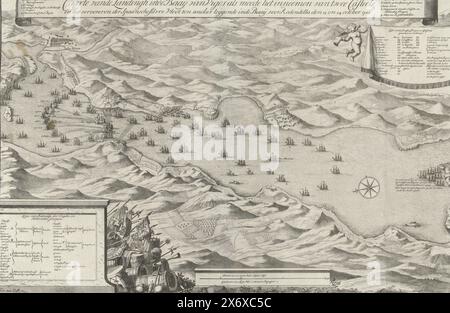 Naval battle in the bay near Vigo and the capture of the Spanish silver fleet, 1702, Caarte vande Landingh in the Bay of Vigos as well as the capture of two Casteels and the capture of the Spanish silver fleet anchored in the Bay off Redondella on October 23 and 24, 1702 (title on object), Map of the naval battle in the Bay of Vigo in which the French and Spanish fleets were defeated by the combined English-Dutch fleet on October 23, 1702. Top right a drapery with a list of the captured and burned French ships; bottom left the order of battle of the English and Dutch ships., print, print Stock Photo