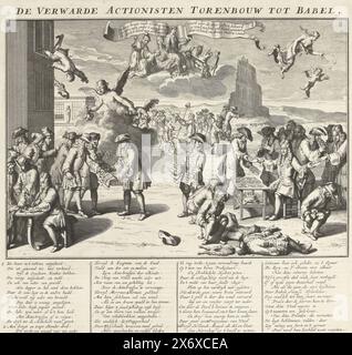 Confused Actionists and the Tower of Babel, 1720, The Confused Actionists Tower Building to Babel (title on object), The Great Scene of Foolishness (series title), Cartoon on the Actionists and the Tower of Babel. John Law is writing shares on the left while wind traders feast on biscuits baked by the English. The traders get diarrhea from these cakes, they use the worthless shares to wipe their behinds. The performance contains many other details with Fortuna, the Dutch Virgin, Hope, etc. In the caption a verse in 4 columns explaining the figures from the performance. Print 31 in the series Stock Photo