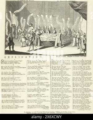 De Prague rarekiek, 1742, La Rareté de Prague, De Praagsche Rariekiek (title on object), De Prague rarekiek, 1742. Cartoon on the French in which Cardinal Fleury in Prague divides the land of Austria, Bohemia and Silesia between the Allies while Archduchess Maria Theresia has to watch. The figures in the show have speech bubbles. Allegory on the Austrian war of succession. On the sheet below the plate an explanation of the numbers I-XVIII in French and Dutch., print, print maker: anonymous, after print by: anonymous, publisher: Jan 't Lam, (mentioned on object), print maker: Northern Stock Photo