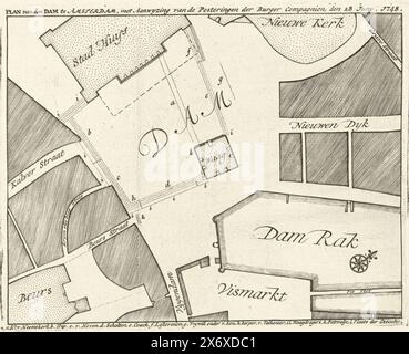 Map of the Dam with the positions of the militias, June 28, 1748, Plan of the Dam in Amsterdam, with indication of the postings of the Burger Compagnien, June 28. 1748 (title on object), Map of Dam Square in Amsterdam and surroundings showing the positions of the companies of riflemen who had to maintain order during the executions of two participants in the Pachter riot on June 28, 1748. Under the legend a-l., print, print maker: anonymous, Northern Netherlands, in or after c. 1748, paper, engraving, height, 155 mm × width, 194 mm Stock Photo