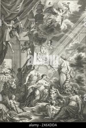 Allegory on the Peace of Aachen, 1748, Dutch Vreugde-tempel Erected Due to the conclusion of the General Peace to Aachen between 18. 19. Oct. MDCCXLVIII (title on object), Allegory of the Peace of Aachen concluded on October 18, 1748 between the Allies (Republic, England and Austria) on the one hand and France, Prussia and Spain on the other. Europe kneels with the bull for Peace with a horn of plenty, behind her the Dutch Virgin, in the clouds the Fame, in the center an obelisk with weapons of the warring parties. On the left, Father Time pulls the curtain aside to reveal the spectacle, in Stock Photo