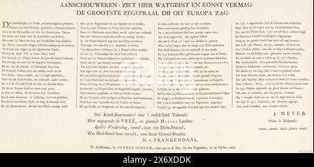 Text page for the Allegory of the Peace of Aachen, 1748, Het Schouw Tooneel der Vreeden opened in Aachen on the 19th. Octobr. 1748, Beholden, see here what Spirit and Art can do. The Greatest Triumph Europe Ever Saw (title on object), Text sheet for the print with the Allegory of the Peace of Aachen concluded on October 18, 1748 between the Allies (Republic, England and Austria) on the one hand and France, Prussia and Spain on the other. Explanation of the representation in verse form in four columns and a four-line verse., text sheet, Jan Meijer (schrijver), (mentioned on object), Nicolaas Stock Photo