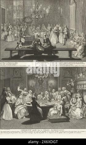 Engagement and Palm Knots, ca. 1730, Felicitation telle qu'on la fait, aux Fiancés a Amsterdam, Ceremonie appellée chez les Hollandois Palm Knots (title on object), Two representations about marriage customs among the Reformed in Amsterdam, ca. 1730. In the top performance, the engaged couple receives congratulations and gifts. In the bottom scene the palm knotting, the tying of flower and leaf wreaths by the engaged couple and friends. With captions in French., print, print maker: Bernard Picart, (mentioned on object), after own design by: Bernard Picart, (mentioned on object), Northern Stock Photo