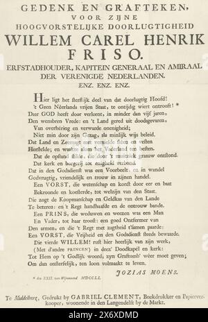 Memorial verse for Willem IV, 1751, Memorial and Gravestone for his High Prince Willem Carel Henrik Friso (...) (title on object), Text sheet with a verse on the death of Prince Willem IV on October 22, 1751., text sheet, Jozias Moens, (mentioned on object), printer: Gabriël Clement, (mentioned on object), Middelburg, 1751, paper, letterpress printing, height, 407 mm × width, 288 mm Stock Photo