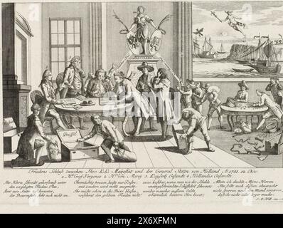 Cartoon on the Treaty of Fontainebleau, 1785, Friedens Schluß zwischen Ihro K:K: Mayestät und der General Staten von Holland A: 1785. 12 Nov: (title on object), Cartoon on the peace concluded in Paris that put an end to the Cauldron War, the dispute between the Netherlands and the Austrian Emperor Joseph II, November 10, 1785. The Netherlands paid 8.5 million guilders and accepted other humiliating conditions. The Dutch envoy signs the act to the satisfaction of the emperor and other foreign representatives. The money paid by the Netherlands is dragged in bags to the empty cash boxes. In the Stock Photo