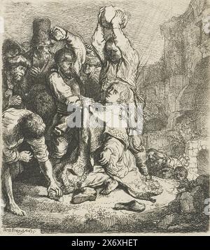 The Stoning of St Stephen, The Stoning of St Stephen, print, print maker: Rembrandt van Rijn, (mentioned on object), after own design by: Rembrandt van Rijn, 1635, paper, etching, height, 95 mm × width, 85 mm Stock Photo