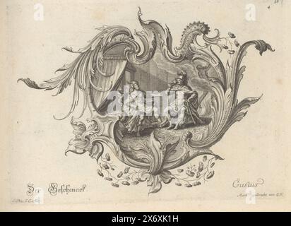 De taste, Der Geschmack / Gustus (title on object), Neu Inventierte auf die artigste Facon Sehr nutzliche Schild (series title), Rocaille cartouche with a scene of an old man, a young man and a woman in (smoke) clouds, probably Aigeus, Theseus and Medea. Medea tries to kill Theseus by making him drink poison, but his father Aigeus stops him. In the background on the right, Medea takes flight, surrounded by clouds of smoke. Picture number 58., print, print maker: Johann Georg Pintz, after design by: Johann Rumpp, publisher: Martin Engelbrecht, (mentioned on object), Augsburg, 1712 - 1755 Stock Photo