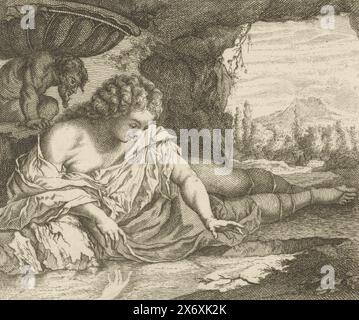 Narcissus, Narcissus looks in a cave at his own reflection in the water. In the background a mountain landscape. Bottom right: X. Copy of a print by Houbraken from part 2 of a series of prints with symbols., print, print maker: anonymous, after print by: Arnold Houbraken, Northern Netherlands, 1700 - 1750, paper, etching, engraving, height, 127 mm × width, 147 mm Stock Photo