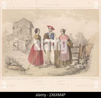 Three figures from Azcoitia in Basque costume, Azcoitia et ses environs / Azcoitia y sus alredadores (title on object), Basque Country (series title), Las Provincias Vascongadas (series title on object), print, print maker: Blanche Hennebutte-Feillet, (mentioned on object), after drawing by: Blanche Hennebutte-Feillet, (mentioned on object), printer: Joseph Rose Lemercier, (mentioned on object), printer: Paris, publisher: Bayonne, publisher: Madrid, 1849, paper, height, 275 mm × width, 357 mm Stock Photo