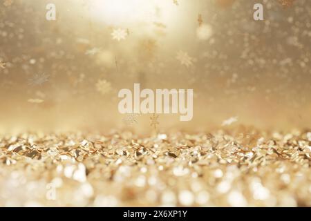 Lying Golden Christmas Particles And Snow Crystals. Vacation Celebration Background Stock Photo