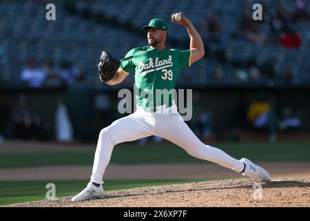 Kyle Muller #39 of the Oakland Athletics throws to the plate during game 2 of a doubleheader against the Texas Rangers at Oakland Coliseum on May 8, 2024, in Oakland, California. (Photo by Brandon Sloter/Image Of Sport) Stock Photo