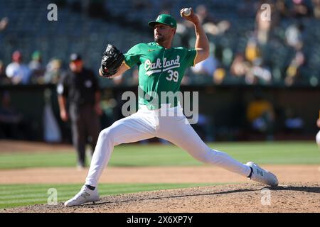 Kyle Muller #39 of the Oakland Athletics throws to the plate during game 2 of a doubleheader against the Texas Rangers at Oakland Coliseum on May 8, 2024, in Oakland, California. (Photo by Brandon Sloter/Image Of Sport) Stock Photo